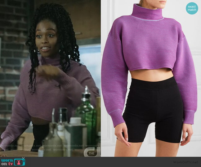 + NET SUSTAIN cropped ribbed organic cotton sweater by Nagnata worn by Anissa Pierce (Nafessa Williams) on Black Lightning