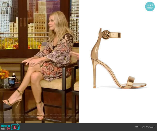 Portofino Metallic Leather Sandals by Gianvito Rossi worn by Kelly Ripa on Live with Kelly and Mark