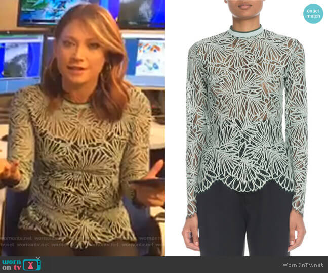 Mock-Neck Long-Sleeve Lace Blouse by Proenza Schouler worn by Ginger Zee on Good Morning America