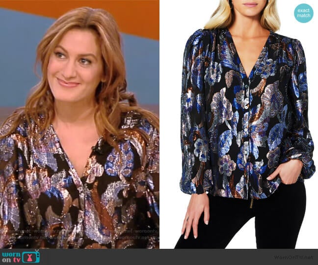 Trey Metallic Jacquard Silk Blouse by Ramy Brook worn by Elizabeth Wagmeister on the Tamron Hall Show