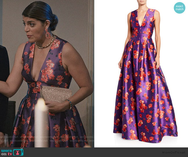 Brook Floral V-Neck Sleeveless Twill Ball Gown by Sachin & Babi worn by Linda Furey on Madam Secretary