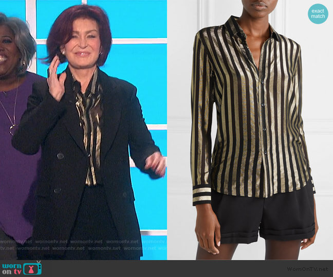 Striped metallic silk-blend chiffon shirt by Saint Laurent worn by Sharon Osbourne on The Talk