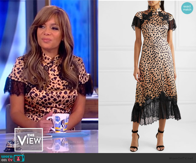 Venyx Ryder lace-trimmed leopard-print silk-satin midi dress by Saloni worn by Sunny Hostin  on The View