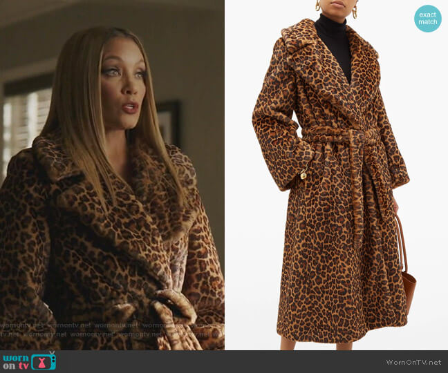 Leopard-Print Faux-Fur Wrap Coat by Sara Battaglia worn by Dominique Deveraux (Michael Michele) on Dynasty