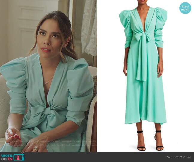 Hel Silk Bow Puff-Sleeve Midi Dress by Silvia Tcherassi worn by Cristal Jennings (Daniella Alonso) on Dynasty