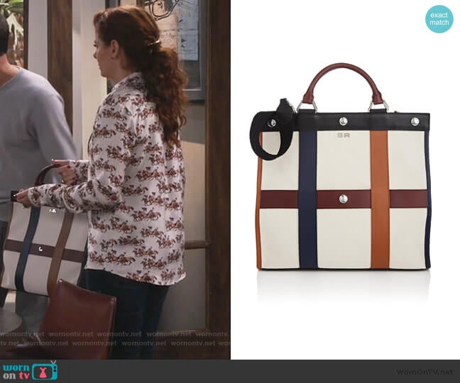 Cindy Leather-Trimmed Canvas Tote Bag by Sonia Rykiel worn by Grace Adler (Debra Messing) on Will and Grace