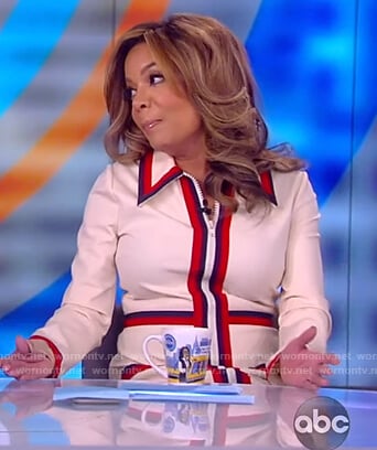 Sunny’s white striped zip front dress on The View