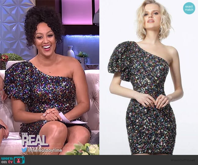 1898 Black Multi One Shoulder Sequin Cocktail Dress by Jovani worn by Tamera Mowry on The Real