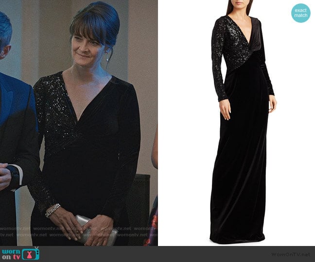 Stretch-Velvet Sequin Gown by Teri Jon by Rickie Freeman worn by Enid Graham on Madam Secretary