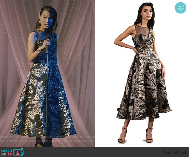 Brocade Tea Length Gown by Theia worn by Susan Lee on Madam Secretary