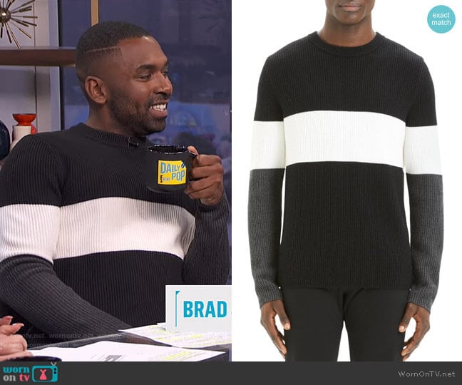 Zoren Colorblock Cashwool Pullover by Theory worn by Justin Sylvester on E! News