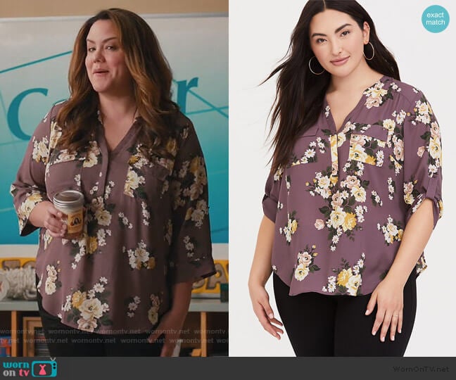 Mauve Floral Georgette Pullover by Torrid worn by Katie Otto (Katy Mixon) on American Housewife