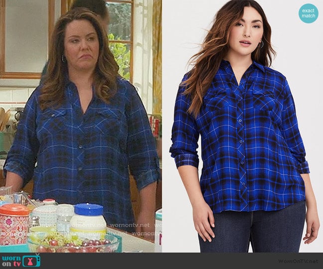 Plaid Challis Button Down Shirt by Torrid worn by Katie Otto (Katy Mixon) on American Housewife