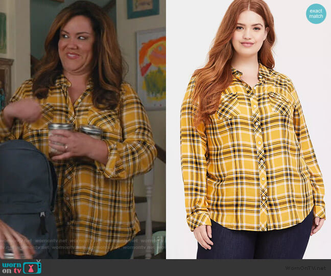 Yellow Plaid Twill Button Front Shirt by Torrid worn by Katie Otto (Katy Mixon) on American Housewife