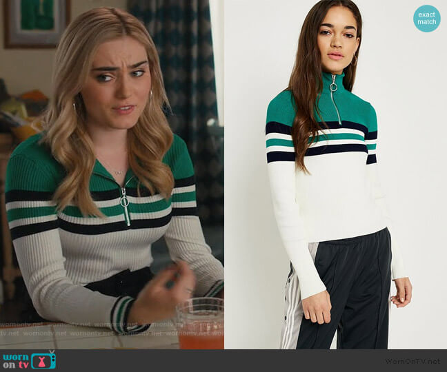 Colourblock Stripe Half-Zip Funnel Neck Jumper by Urban Outfitters worn by Taylor Otto (Meg Donnelly) on American Housewife