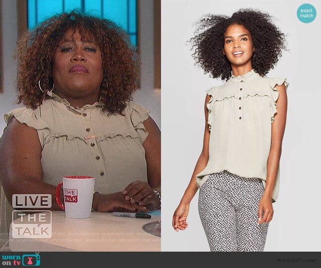 Ruffle Sleeveless Cowl Neck Front Button-Down Blouse by Who What Wear at Target worn by Sheryl Underwood on The Talk