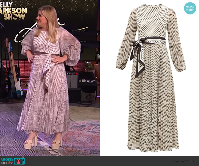 Sunray pleated polka-dot chiffon dress by Zimmermann worn by Kelly Clarkson on The Kelly Clarkson Show