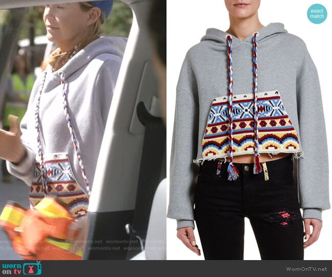 Cutoff Hoodie Sweatshirt with Knit Pocket by Alanui worn by Meredith Grey (Ellen Pompeo) on Greys Anatomy