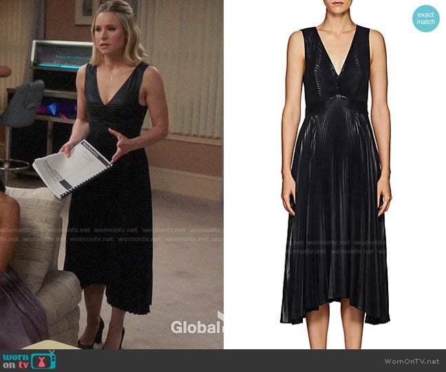 Eleanor’s black pleated midi dress on The Good Place