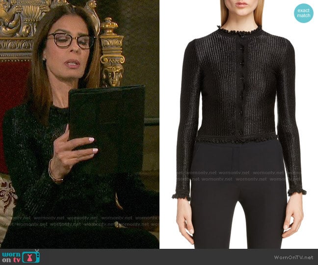 Alexander McQueen Ruffle Trim Ribbed Cardigan worn by Hope Williams (Kristian Alfonso) on Days of our Lives