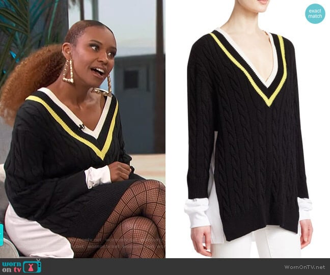 Layered Varsity Cable-Knit Sweater by alexanderwang.t worn by Ryan Michelle Bathe on Access Hollywood