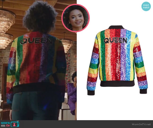 Queen Sequin Rainbow Bomber Jacket by Alice + Olivia worn by Jade Payton on Dynasty worn by Vanessa (Jade Payton) on Dynasty