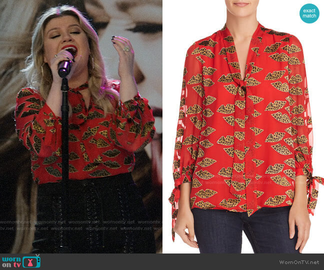 Alice + Olivia x Donald Robertson Sheila Lips Burnout Tie-Neck Top worn by Kelly Clarkson on The Morning Show