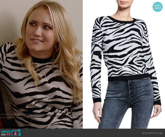 Alice + Olivia Connie Embellished Zebra Sweater worn by Roxy Doyle (Emily Osment) on Almost Family