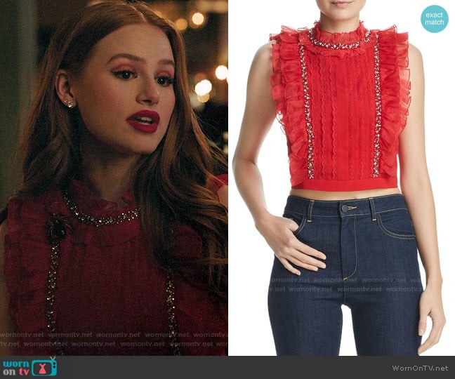 Alice + Olivia Gwen Ruffled Embellished Cropped Top worn by Cheryl Blossom (Madelaine Petsch) on Riverdale