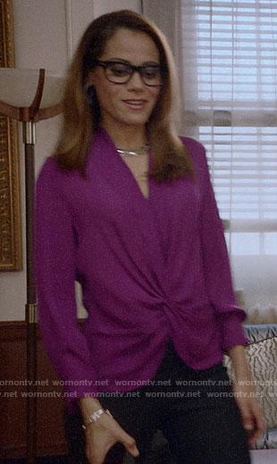 Amanda's magenta twist front blouse on Almost Family