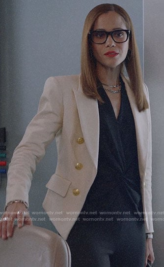 Amanda's white blazer with gold buttons and black twist front blouse on Almost Family