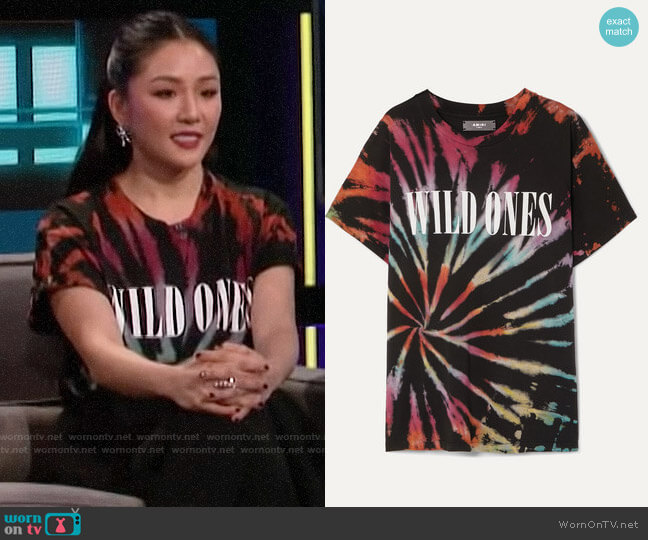 Amiri Wild Ones printed tie-dyed cotton-jersey T-shirt worn by Constace Wu on A Little Late with Lilly Singh