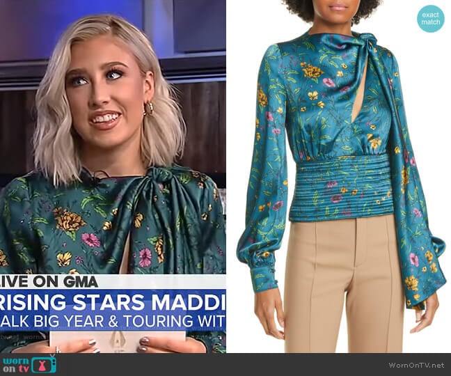 Ray Tie Neck Floral Print Silk Top by Amur worn by Maddie Marlow on GMA