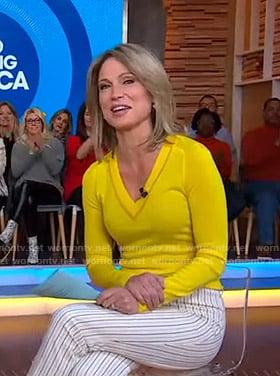 Amy’s yellow v-neck sweater and striped pants on Good Morning America