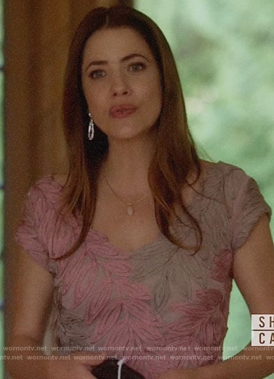 Andrea's pink leaf embroidered dress on Supergirl