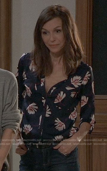 Anna’s navy floral button down blouse on General Hospital