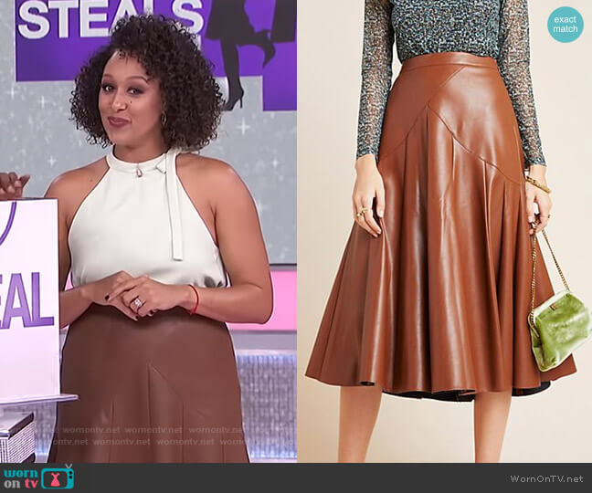 Mariska Faux Leather Midi Skirt by Maeve worn by Tamera Mowry on The Real