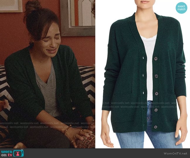 Aqua Boyfriend Cashmere Cardigan in Forest Nep worn by Edie Palmer (Megalyn Echikunwoke) on Almost Family