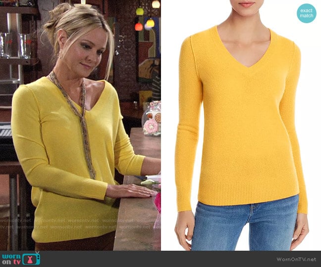 Aqua V-Neck Cashmere Sweater worn by Sharon Newman (Sharon Case) on The Young and the Restless