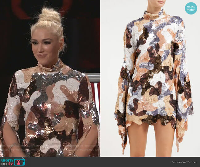 Camouflage Sequinned Flared-Sleeve Mini Dress by Ashish worn by Gwen Stefani  on The Voice