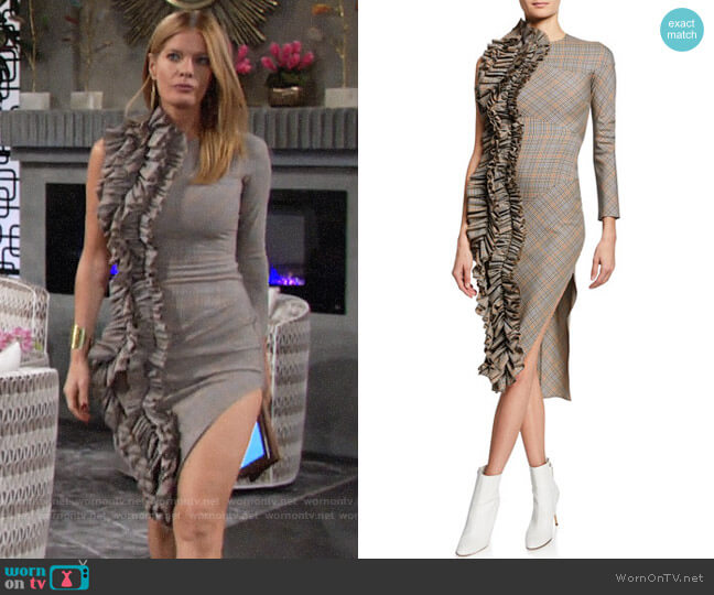 A.W.A.K.E. Checkered One-Sleeve Dress w/ Dramatic Ruffle worn by Phyllis Summers (Michelle Stafford) on The Young & the Restless