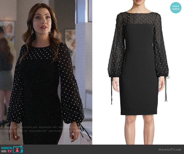 Badgley Mischka Crystal-Trim Balloon-Sleeve Sheath Cocktail Dress worn by Andrea Rojas (Julie Gonzalo) on Supergirl