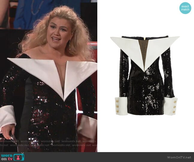 Off-The-Shoulder Sequin Satin Dress by Balmain worn by Kelly Clarkson on The Voice