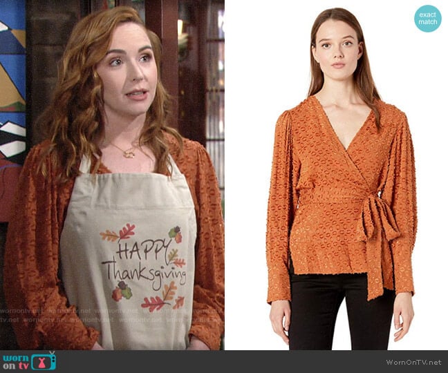 Bcbgmaxazria Pleated Shoulder Wrap Top worn by Mariah Copeland (Camryn Grimes) on The Young and the Restless