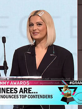 Bebe Rexha’s black rhinestone-trim oversized blazer on CBS This Morning