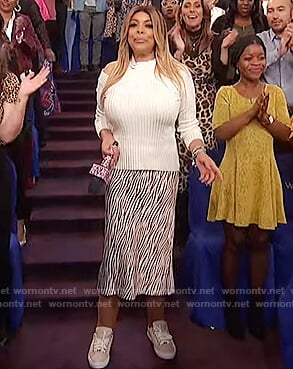 Wendy's white ribbed shoulder cutout sweater on The Wendy Williams Show
