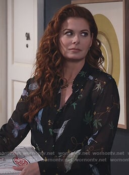 Grace's black bird print blouse on Will and Grace