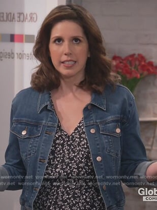 Amy's black floral dress and denim jacket on Will and Grace
