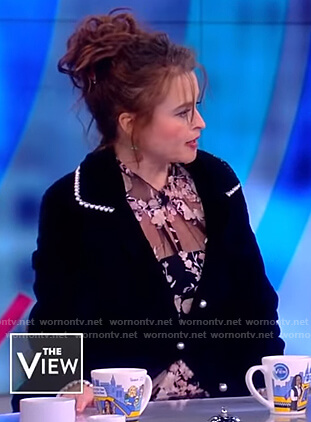 Helena Bonham Carter's floral dress and pearl embellished coat on The View