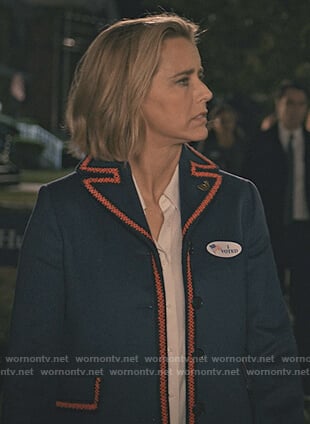 Elizabeth’s wool embroidered trim coat on Madam Secretary